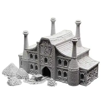 An unpainted, light grey 3D-printed tabletop miniature of a large medieval fantasy forge or industrial factory. The imposing building features half-timbered walls, stone brick detailing, and arched windows under a sprawling wood-shingled roof. It is characterized by four exceptionally tall, tapered stone smokestacks rising from the structure. In the center front, a large open archway serves as the main entrance, with a section of railway track extending outward carrying a small, loaded minecart. Several large piles of rough ore or coal are scattered on the ground to the left and near the tracks. Isolated on a white background.