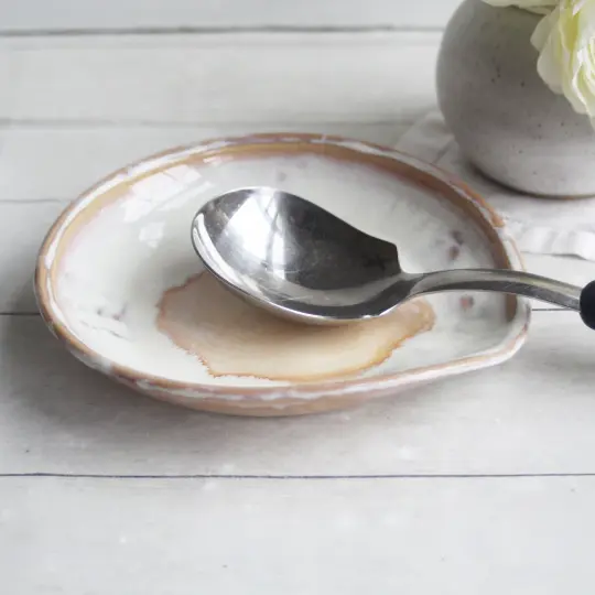 Large Spoon Rest Handcrafted Pottery Spoon Holder in White and Ocher Glaze