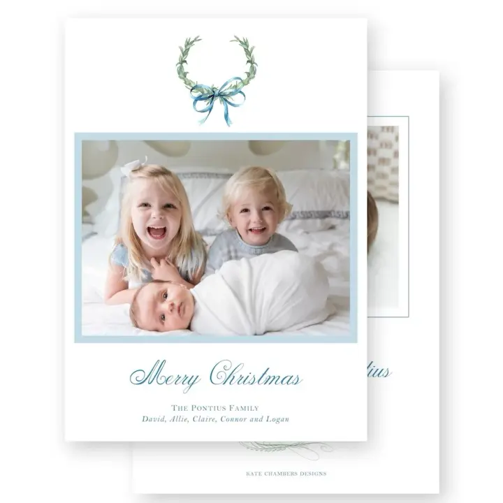Blue Ribbon Wreath Holiday Card / Birth Announcement
