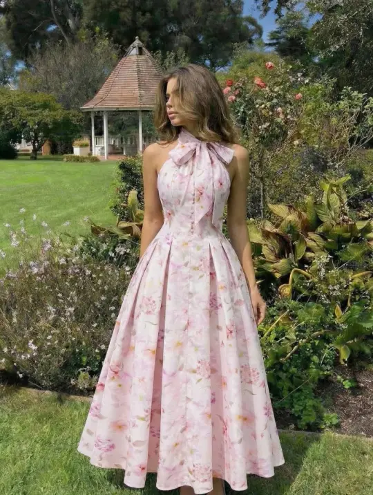Girlish Halter Floral Prom Gown Blush Pink Women's Corset Maxi Evening Dress Birthday Dress RS2892