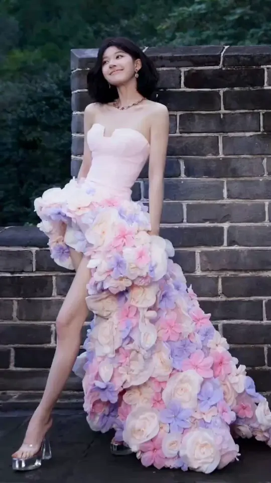 Pink tube top slim waist three-dimensional flower irregular skirt dress, prom dress R5295