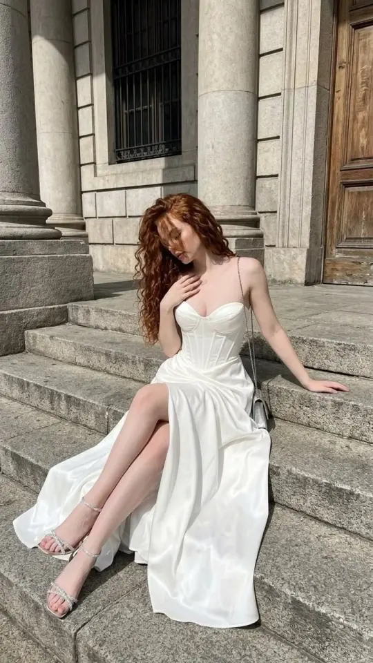 Silky High-slit Flowy Prom Gown White Women's Corset Maxi Birthday Dress Party Dress RS3053