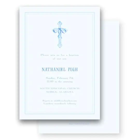 Watercolor Blue Cross with Bow Ribbon Baptism Invitation