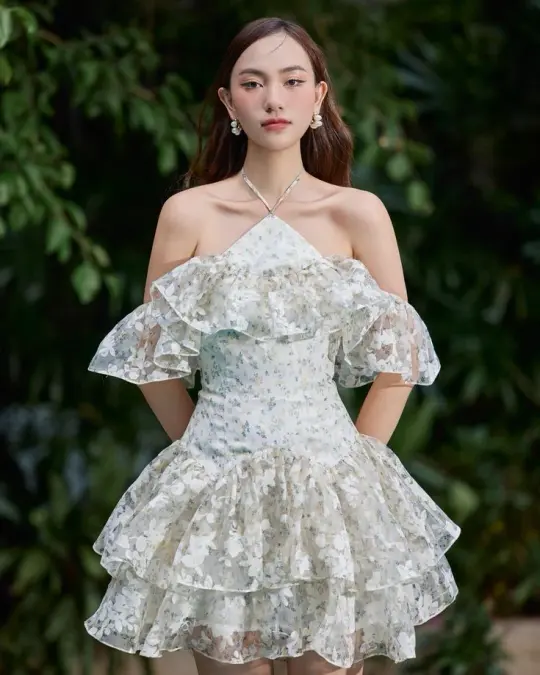 Blue and white floral halter neck design slim waist puffy skirt homecoming dress R2886