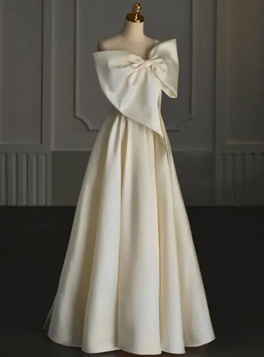 Silky Bow Women's Prom Gown Ivory Waist Fitted Maxi Evening Dress Birthday Dress — Fall Outfit 2026 New  RS3272