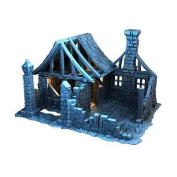 Unpainted 28mm 3D-printed ruined riverside cottage — tabletop RPG terrain for D&D, Pathfinder & wargaming