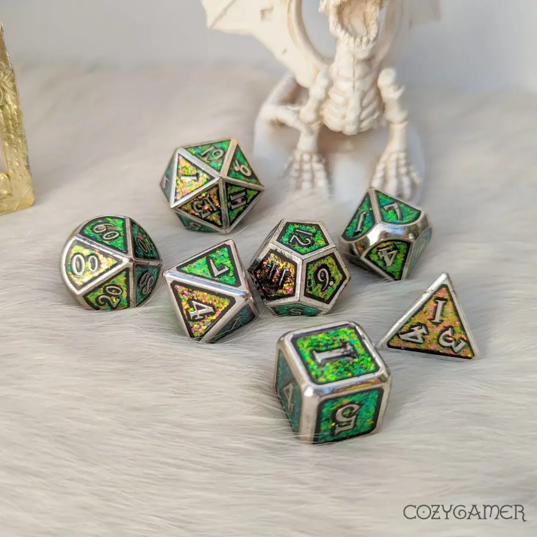 Green Pink Color Shifting Glitter Metal Dice Set – 7-Piece Silver Trim Zinc Alloy