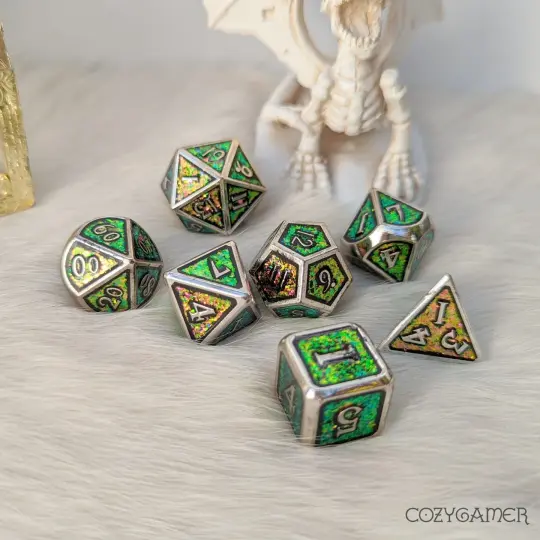 Green Pink Color Shifting Glitter Metal Dice Set – 7-Piece Silver Trim Zinc Alloy