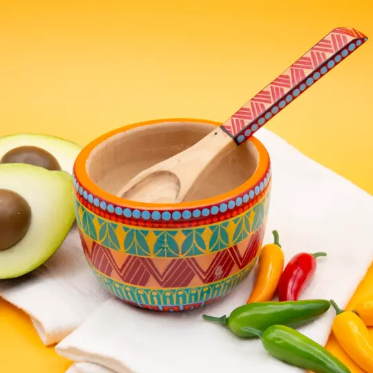 Colorful Hand-Painted Wooden Bowls with Spoon