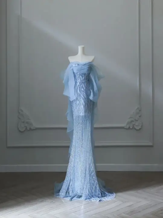Elegant Pale Blue Mermaid Strapless Long Women Dress with Beading Prom Dress Evening Dress RS102