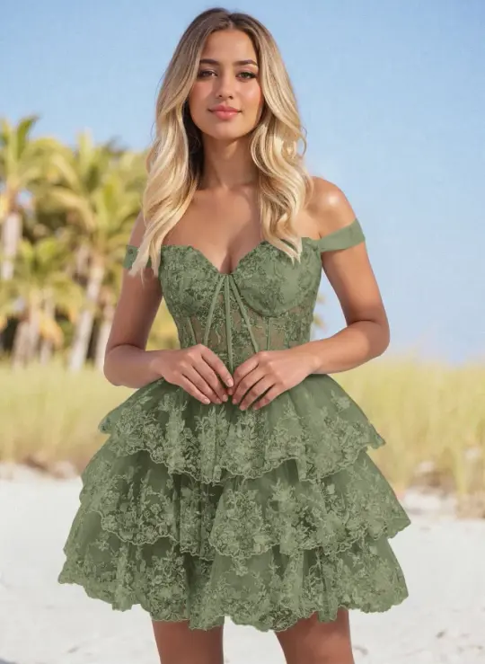 Fresh Bud Green A-Line Bateau Lace Bodycon Mini Prom Dress Homecoming Dress RS401