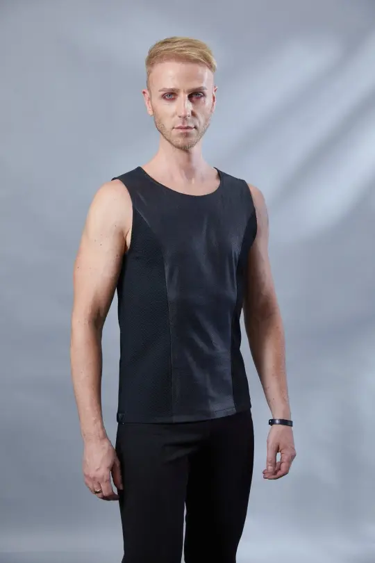 ST-L-9 Black faux leather sleeveless shirt