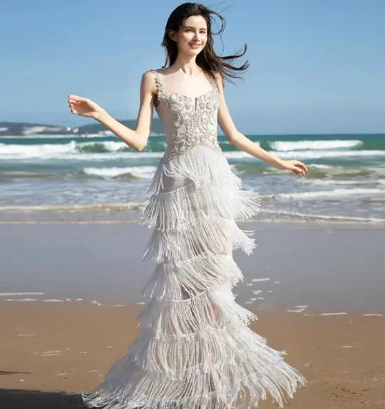 Elegant Ivory Prom Dress ,Sheath Spaghetti Straps Tassel Fringe Bodycon Maxi Evening Dress Cami Dress RS1136