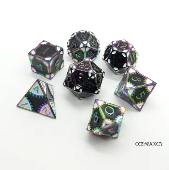 Black and White Gear Metal Dice Set with Rainbow Trim