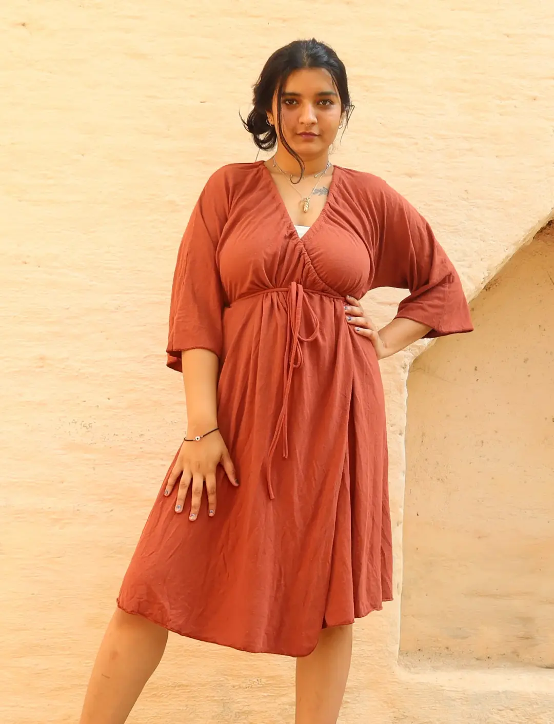 Drawstring Wrap Kimono Below Knee Dress