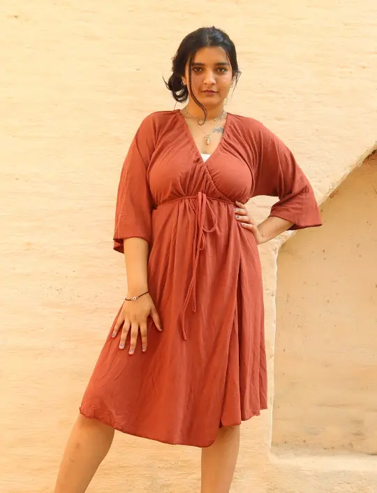 Drawstring Wrap Kimono Below Knee Dress