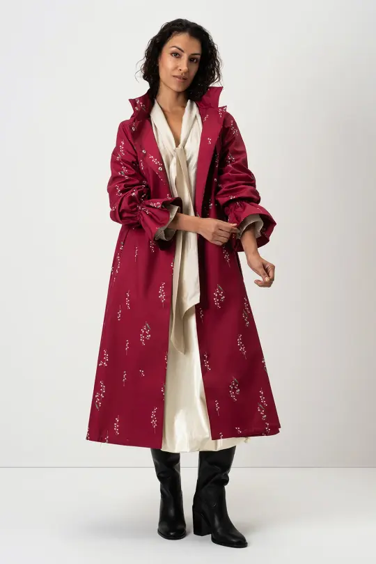 Double Breasted Women's Spring Coat with Front Pleats in Red | Crimson Lily