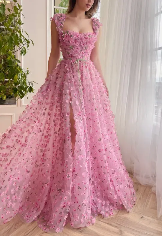 Girlish Tulle Puffy Floral Prom Gown Barbie Pink Women's Corset Maxi Evening Dress Birthday Dress RS2929