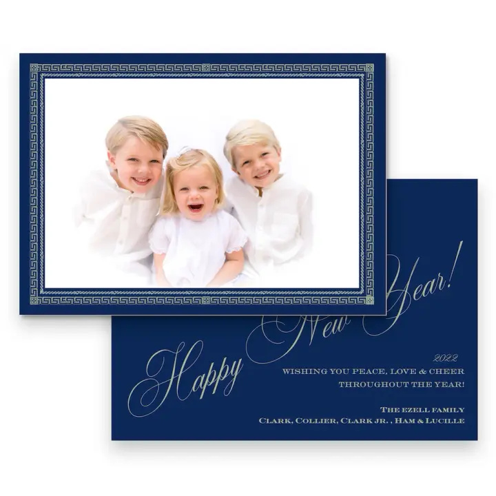 Greek Key Navy and Mint Landscape Holiday Card