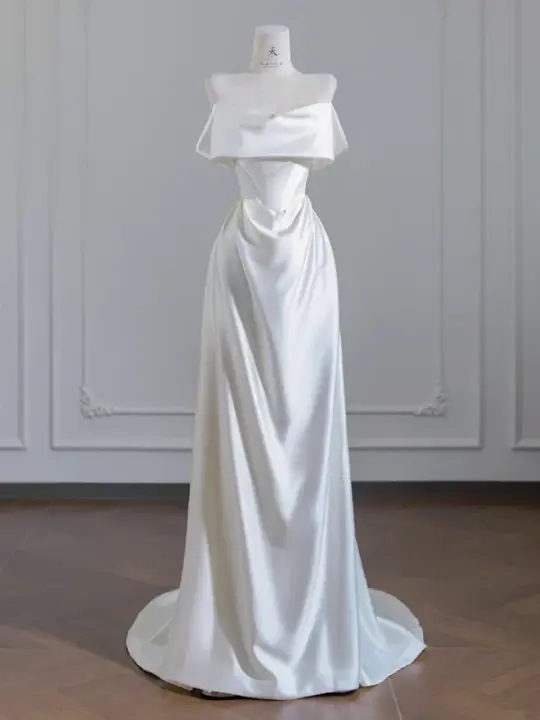 White satin off-the-shoulder, fitted waist, long ball gown/bridal dress R8251
