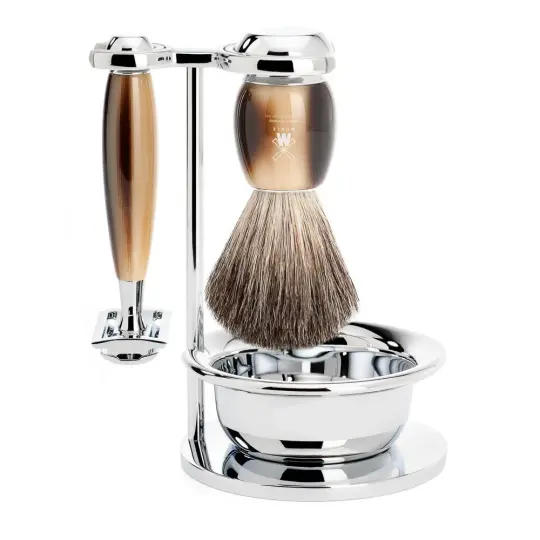 MÜHLE VIVO 4 Pc. Shaving Set, Pure Badger Brush & Safety Razor, Horn Brown