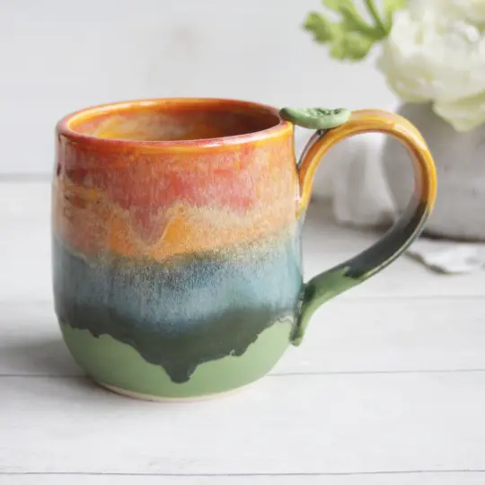 Handmade Ceramic Coffee Mug in Green & Sunset Glazes, Made in USA