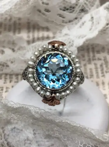 Natural Blue Topaz & Seed Pearl Ring, Size 6, Victorian Filigree Jewelry #D238 - Ready to Ship