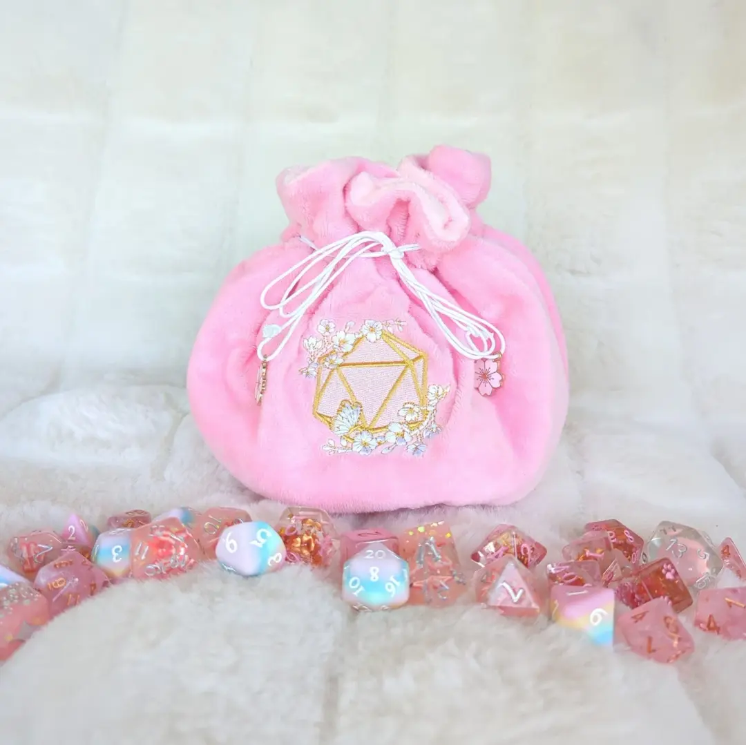 Cherry Blossom Dice Bag – Multi-Pocket Pink Velvet Pouch with Butterfly | Fennek & Finch