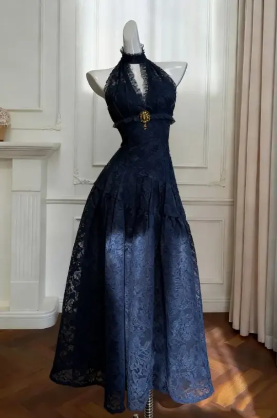 Charming Navy Prom Gown , Elegant Lace Bodycon Maxi Evening Dress RS1374