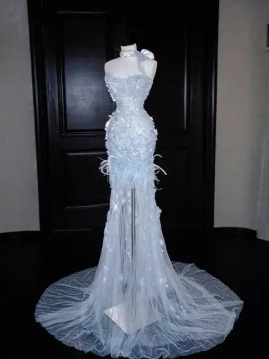 Light blue sequined tube-top slim-waisted hip-hugging fishtail maxi skirt, prom dress R5674