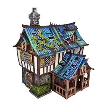 Oakburn House 28mm 3D printed medieval fantasy town terrain, painted example, three-quarter view