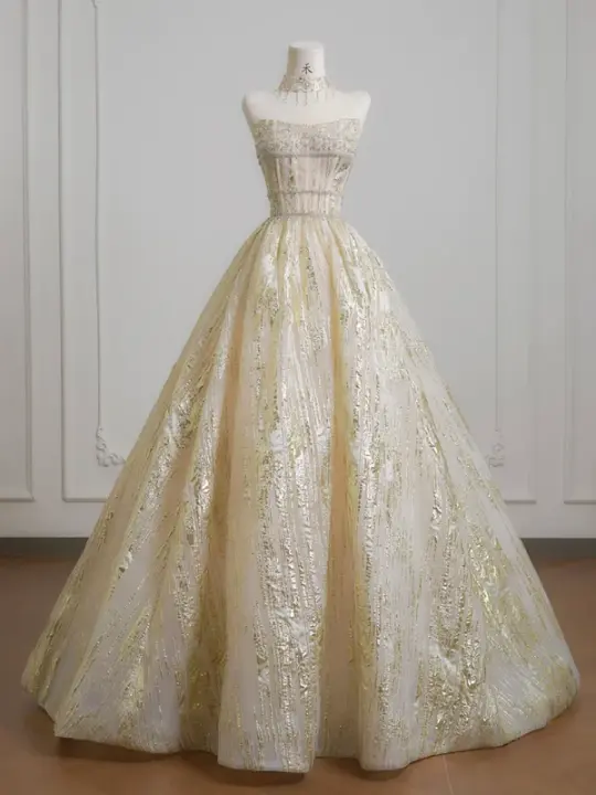 Light apricot strapless fitted waist long ball gown/bridal dress R8225