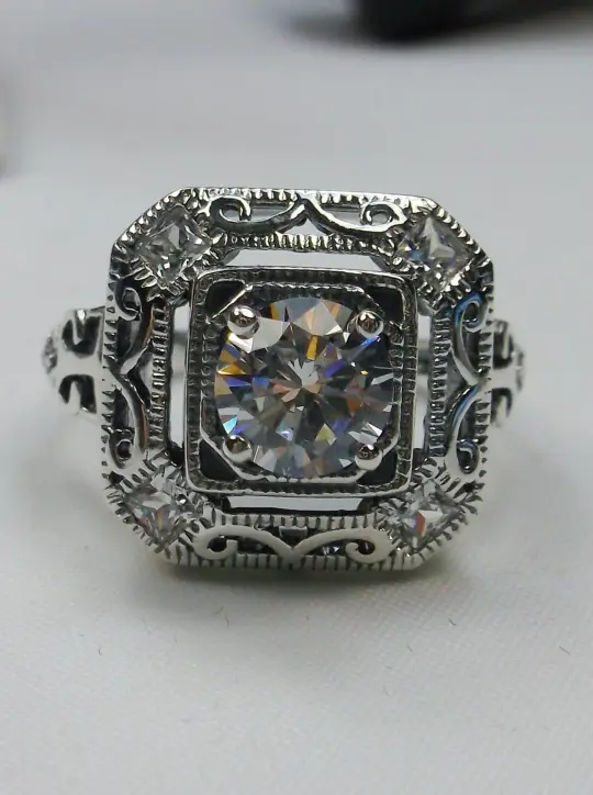 White CZ Art Deco Ring, Size 8.5, Faux Diamond 1930's Revival Jewelry #D68 - Ready to Ship