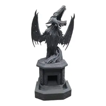 Unpainted 3D-printed roaring dragon bust dice tower on a carved octagonal plinth with dice tray, tabletop RPG dice tower for D&D, Pathfinder and wargaming