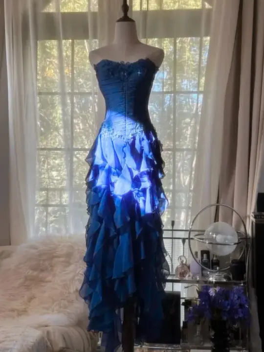 Rufflled Flowy Chiffon Prom Gown ,Elegant Navy Maxi Evening Dress Summer Dress RS2002