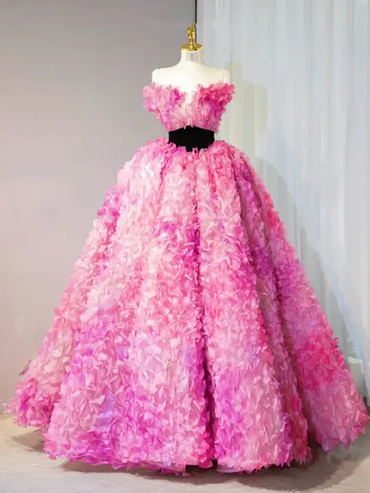 Pink strapless, fitted waist, full skirt, long ball gown, bridal dress R9010