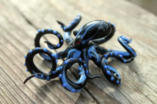 Miniature Glass Octopus Figurine - Black With Blue Dots Design