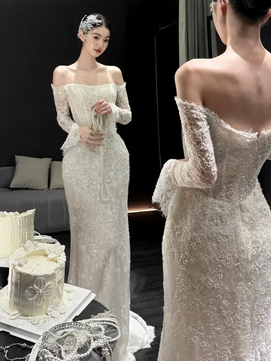 White strapless lace waist slim fishtail skirt floor-length wedding dress R6042