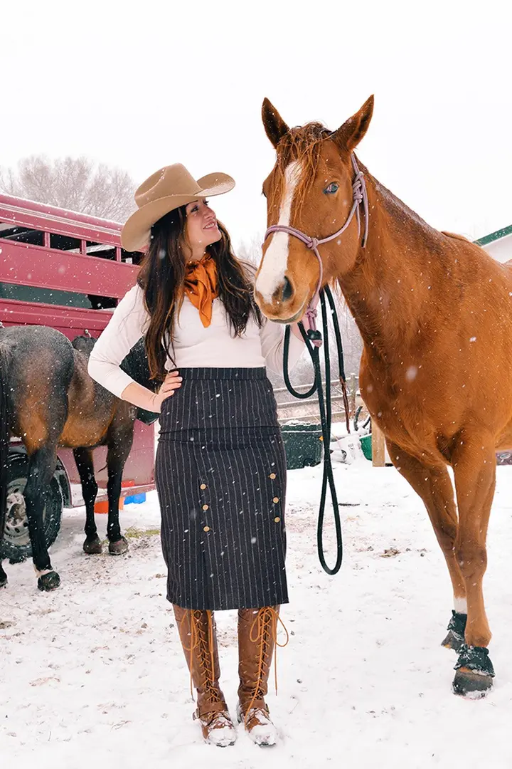 Wool Pencil Skirt in Brown Pinstripe