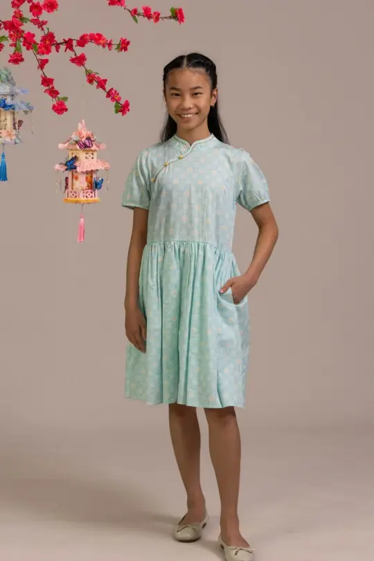 Giselle Cheongsam - Teal Plaid Tiles