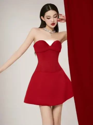 Red tube top waist slim fit A-line princess skirt homecoming dress R4411