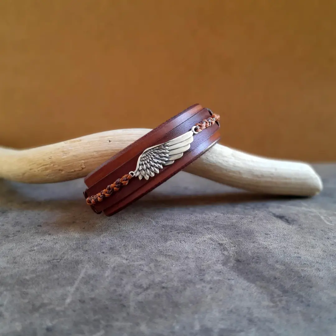 Hand-Braided Wing Leather Bracelet | Personalized Oiled Vachetta Cuff