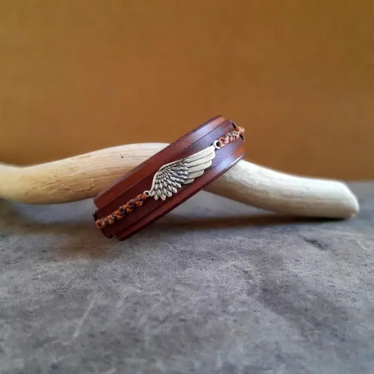 Hand-Braided Wing Leather Bracelet | Personalized Oiled Vachetta Cuff