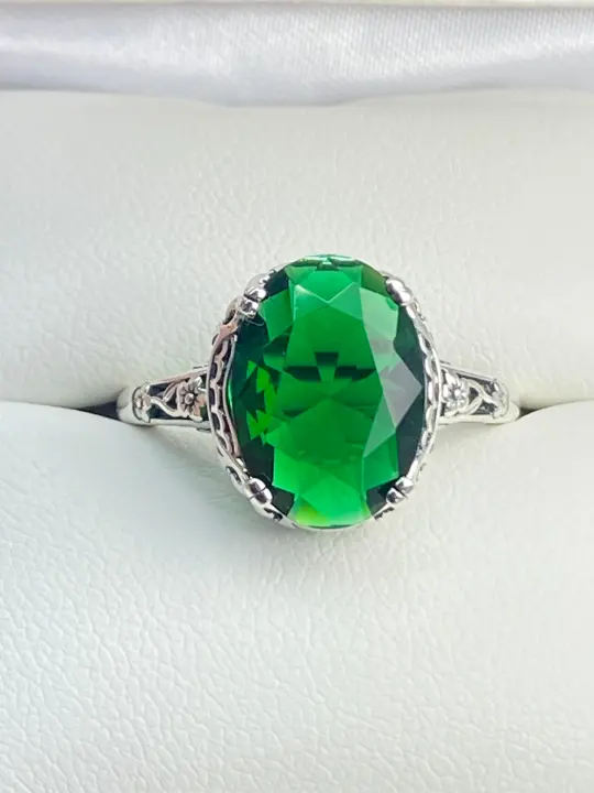 Emerald Ring, Size 10, Sterling Silver Edwardian Jewelry #D70 - Ready to Ship