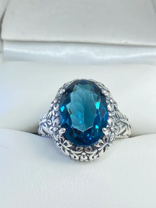 London Blue Butterfly Ring, Size 6, Oval Gemstone, Art Nouveau Vintage Ring, D79 - Ready to Ship