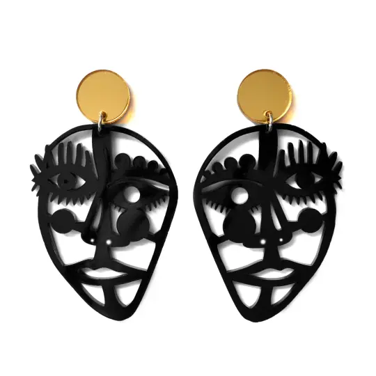 Abstract Outline Face Statement Earrings in Black Acrylic