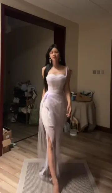 Light purple halter-neck fitted waist slit skirt ball gown R7600