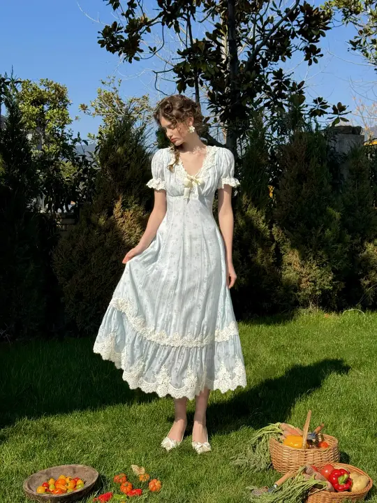 French pastoral fresh baby blue long short-sleeved lace dress R5113