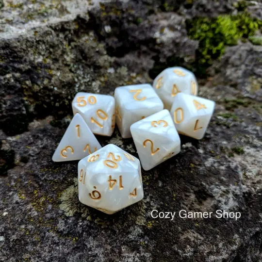 Pearly Gates Dice Set – White Pearlescent Acrylic with Gold Font