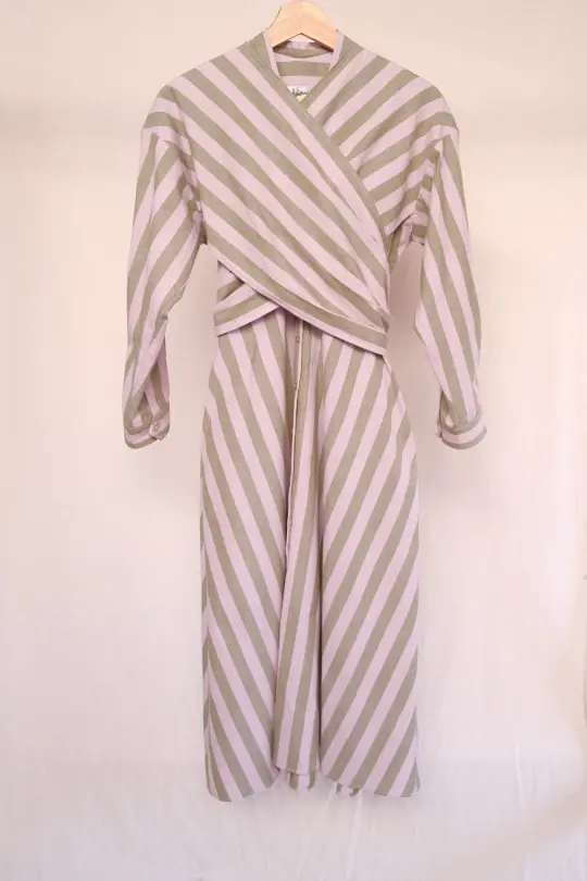 CIRCE dress in the olive/pale pink striped fabric - S